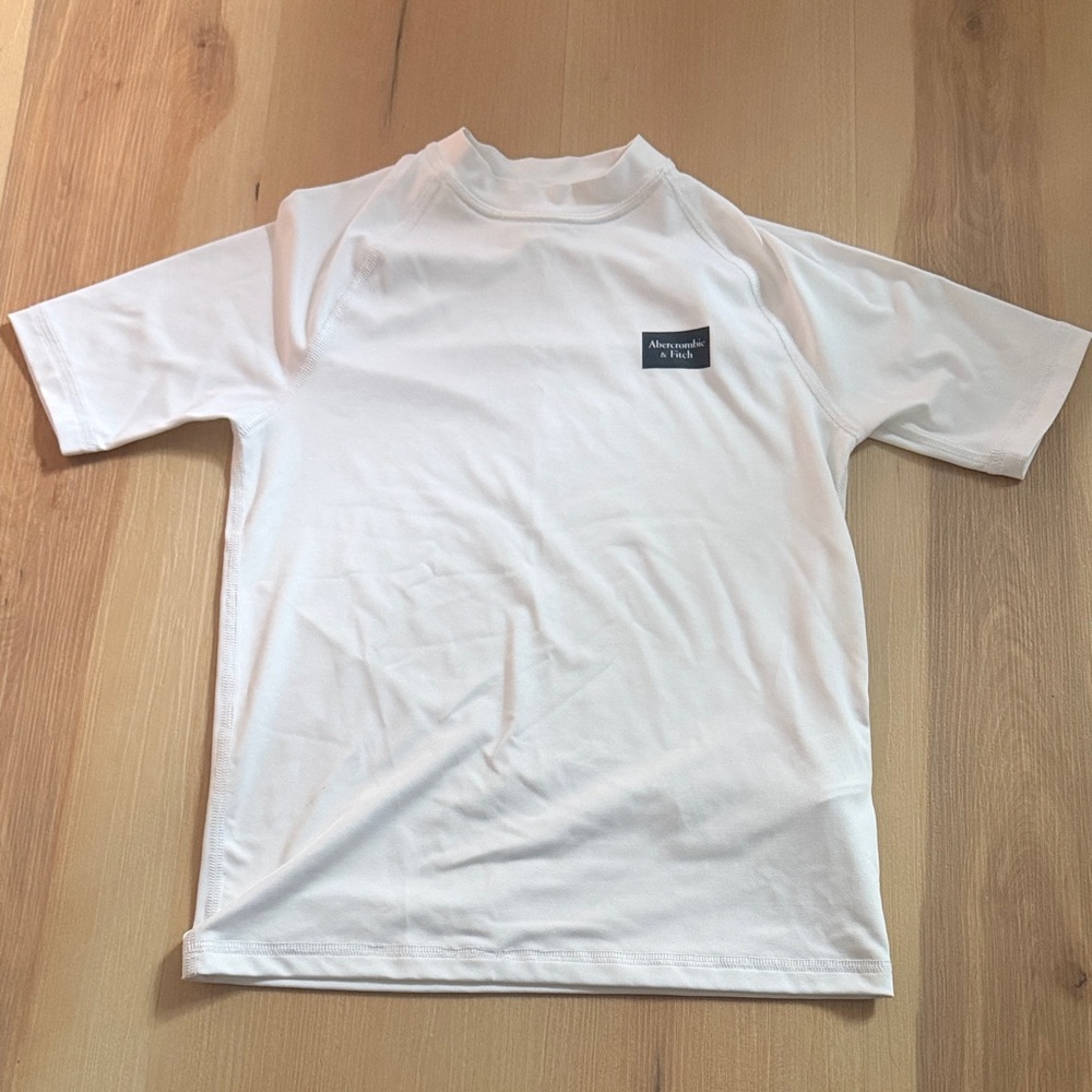 Abercrombie & Fitch White Kids Short Sleeve Rashguard with Navy Logo Patch- NWOT
